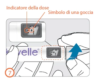 Diagram showing a medical device with a dose indicator and a droplet symbol held by two hands with a blue arrow pointing toward the