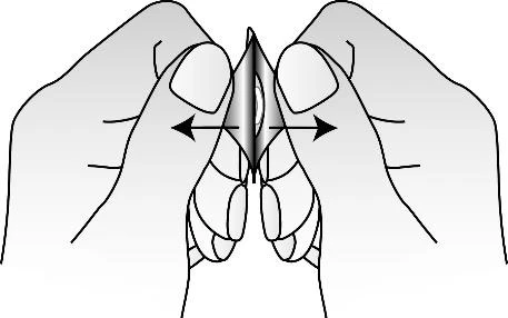 Black line drawing of two hands grasping and stretching a small strip of skin between the thumbs, with black arrows indicating lateral traction movement