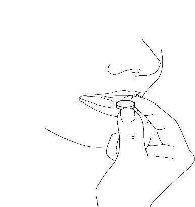 Black line drawing of a hand holding a tablet between the thumb and