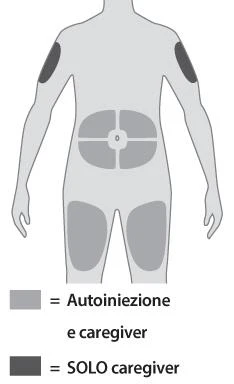 Schema del corpo umano con aree grigie sulle braccia, sull'addome e sulle cosce che indicano zone per autoiniezione o per il caregiver