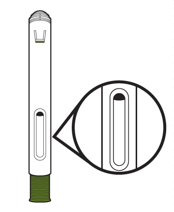 Disegno tecnico di una penna iniettiva bianca con un dettaglio ingrandito che mostra la finestra di controllo del livello del farmaco liquido