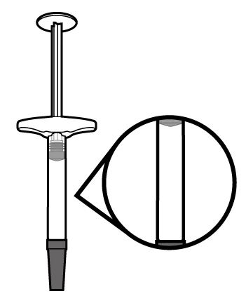 Disegno tecnico di una siringa con un ingrandimento circolare che mostra il dettaglio della scala graduata sul cilindro trasparente