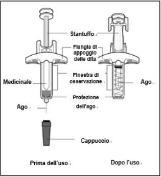Schema tecnico di una siringa preriempita con etichette descrittive che indicano stantuffo, flangia, medicinale, finestra, ago e cappuccio