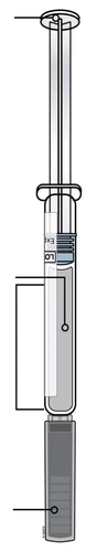 Vertical technical diagram of a syringe with plunger, transparent body containing liquid, and gray base with measurement markings