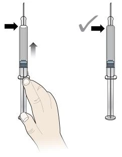 Diagram showing two vertical syringes with black arrows and a gray checkmark indicating correct plunger withdrawal upward