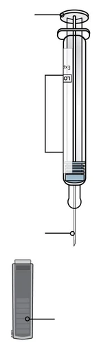Technical drawing of a syringe with needle and a medicine vial with indication lines for drug preparation