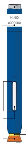 Technical diagram of a blue pen-shaped medical device with white control windows, numerical indicators, and an orange base