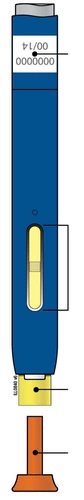 Blue pen-shaped medical device with central yellow window, numerical indicator at the top, and yellow tip with orange applicator at the bottom