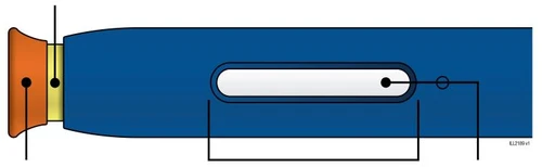 Technical diagram of a blue medical device with orange and yellow ends and a central white control window with indicators
