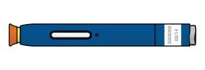 Blue pen-shaped medical device with white control window, a small circular hole, and a...
