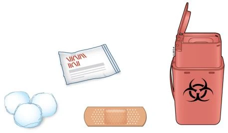Open white pouch, three cotton swabs, a skin-colored bandage, and a red biological waste container with biohazard symbol