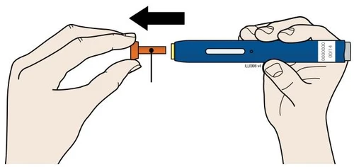 Two hands separating an orange cap from the blue body of an injection pen following the direction of a horizontal black arrow
