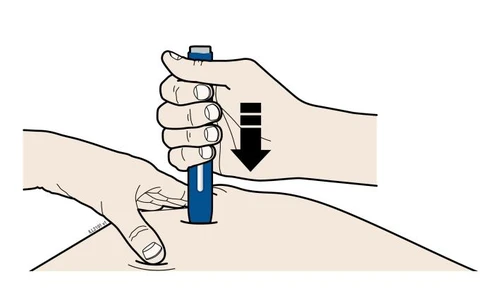 A hand holding a blue injection pen pressing it downward onto the skin