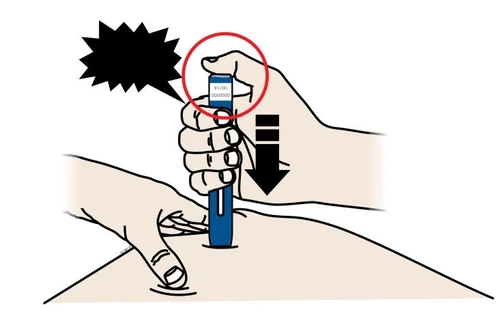 Hand pressing the upper button of a blue injection pen against the thigh with a black arrow pointing downward