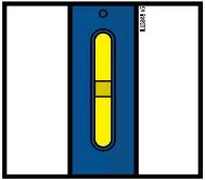 Vertical diagram of a blue container with an oval window showing yellow liquid with a central demarcation line