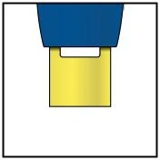 Stylized drawing of an upper blue component connected to a yellow rectangular base on white background