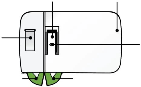 Technical schematic of a medical device with reference lines and black dots indicating various body parts or product components