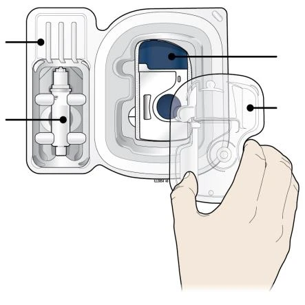 Technical illustration of a medical device with a hand lifting a transparent cover to reveal the internal mechanism and container