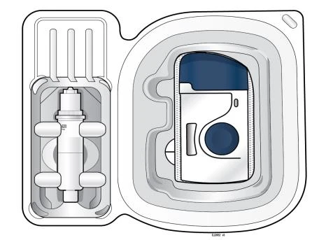 Open medical device with a container on the left containing a white vial and a compartment on the right with a blue and white device