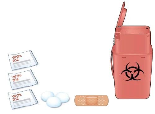 Three white pouches with red text, three round white pills, a skin-colored bandage, and a red container with biohazard symbol