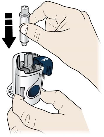 A hand inserting a white cylindrical container into a blue and white medical device held by another...