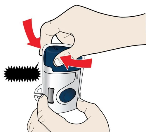 Two hands gripping a white and blue medical device with red arrows indicating pressure movement for...