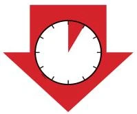 Red downward-pointing arrow icon with a white clock in the center indicating a specific time interval