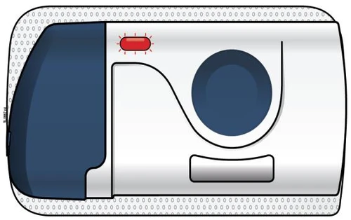 White medical device with a bright red indicator on top and a large dark blue circle on the right on a dotted background