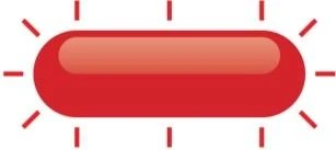 Bright red capsule with light reflections on white background surrounded by short red lines suggesting luminosity