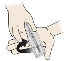 Two hands holding a transparent medical device with an internal needle and a black curved arrow indicating rotational movement of the device