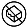 Prohibition symbol with a circle and diagonal bar crossing a stylized package or box with a damaged side