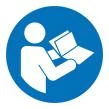 Blue circular icon with white silhouette of a person carefully reading an instruction leaflet or open booklet