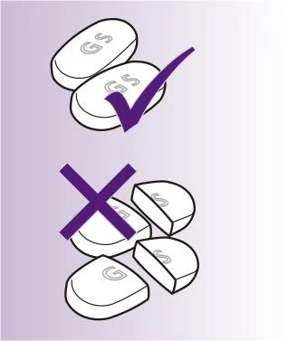 Disegno di due compresse intere con segno di spunta viola sopra e tre compresse frammentate con una grande croce viola sopra