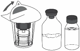 Technical drawing of a protective cap lifting off a medical device next to two glass vials containing liquid