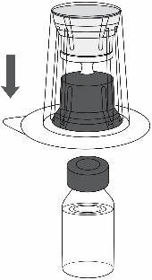 Diagram showing a transparent funnel-shaped device being lowered over a glass vial with a dark stopper indicated by an arrow
