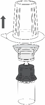 Technical diagram illustrating the disassembly of a medical device with a transparent cap being removed upward