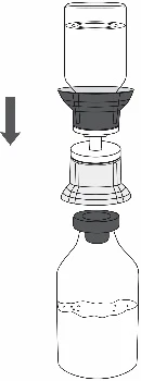 Diagram showing the assembly of a syringe onto a glass vial with a downward-pointing arrow indicating the insertion movement