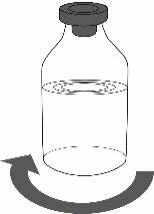Stylized drawing of a glass vial with a gray stopper and liquid inside