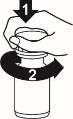 A hand presses down on the cap of a vial indicated by number 1 and rotates it clockwise indicated by number 2
