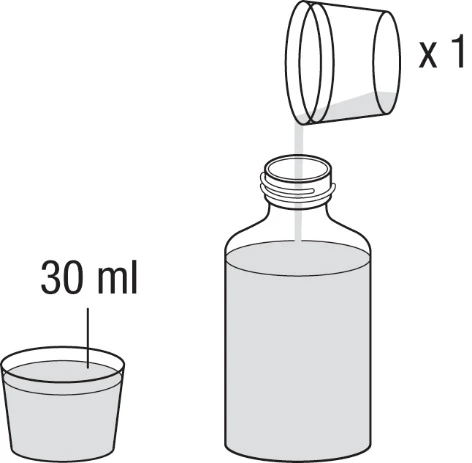Disegno tecnico che mostra un flacone da 30 ml con un bicchiere colmo che versa liquido nel flacone e un secondo bicchiere pieno accanto