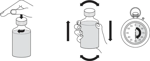 Diagramma che mostra tre passaggi: ruotare il tappo di un flaconcino, agitare il flaconcino su e giù e cronometrare il tempo con un cronometro