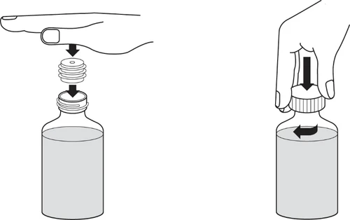 Disegno tecnico che mostra una mano che inserisce un tappo su un flacone e un'altra mano che avvita il tappo ruotandolo verso destra