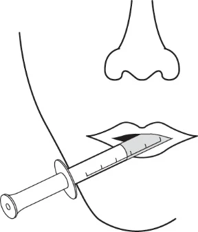 Disegno lineare di un volto che mostra naso e bocca con una siringa inserita all'interno delle labbra aperte