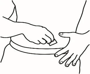 Disegno lineare di una persona che applica un cerotto o un dispositivo medico sull'addome con entrambe le mani