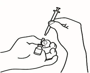Disegno a tratto di due mani che preparano un farmaco aspirando il liquido da un piccolo flacone con una siringa senza ago
