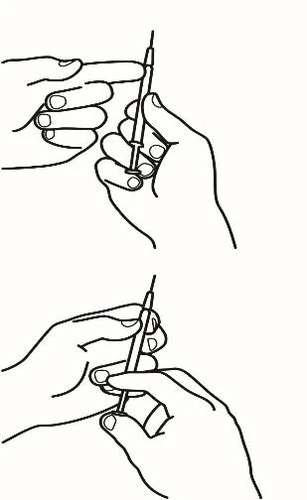 Disegno a linee nere che mostra due mani che impugnano una siringa in due diverse posizioni per l'iniezione