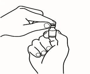Disegno a linee nere di due mani che tengono e aprono un piccolo flacon con tappo per l'estrazione di un farmaco liquido