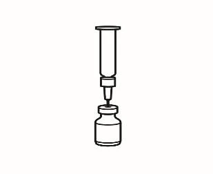 Disegno lineare di una siringa con ago inserito nel collo di un flaconcino di vetro per l'aspirazione di un farmaco liquido