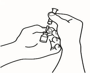 Disegno a linee nere di due mani che preparano un farmaco con una siringa e un piccolo flaconcino di vetro