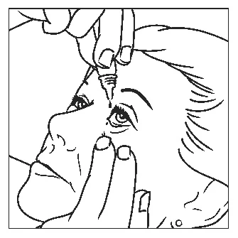 Black line drawing showing two hands carefully applying a dropper bottle near the eye